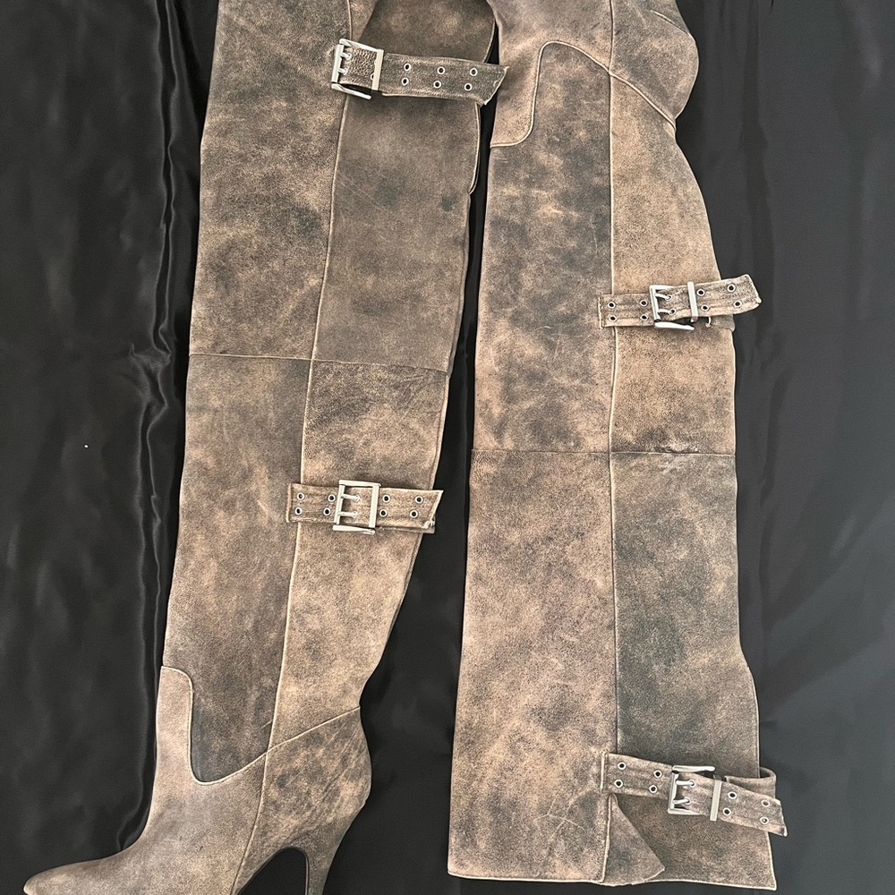 Steve Madden Over-the-Knee Buckle Boots in Distressed Taupe